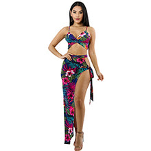 Load image into Gallery viewer, Summer Dress Sexy Two Piece Set  Women Empire Flora Printed Sleeveless Spaghetti Strap Hot Crop Top Beach Asymmetricall Dress