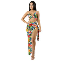 Load image into Gallery viewer, Summer Dress Sexy Two Piece Set  Women Empire Flora Printed Sleeveless Spaghetti Strap Hot Crop Top Beach Asymmetricall Dress