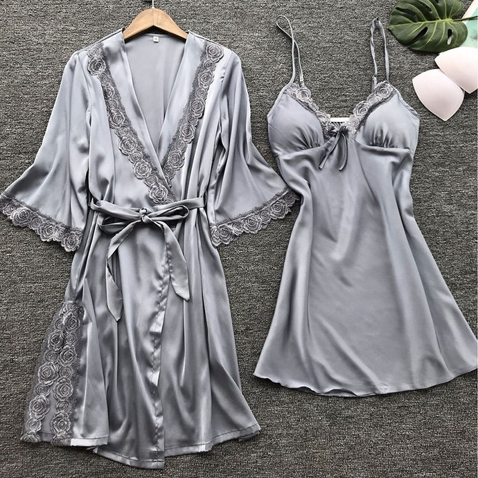 Sexy Lace Silk Women Robe & Gown Sets 2 Pieces Sleep Set Summer Satin Kimono Lingerie Nightwear Female Sleepwear Robe Suit