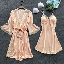 Load image into Gallery viewer, Sexy Lace Silk Women Robe &amp; Gown Sets 2 Pieces Sleep Set Summer Satin Kimono Lingerie Nightwear Female Sleepwear Robe Suit