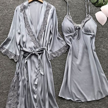 Load image into Gallery viewer, Sexy Lace Silk Women Robe &amp; Gown Sets 2 Pieces Sleep Set Summer Satin Kimono Lingerie Nightwear Female Sleepwear Robe Suit