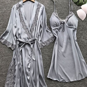 Sexy Lace Silk Women Robe & Gown Sets 2 Pieces Sleep Set Summer Satin Kimono Lingerie Nightwear Female Sleepwear Robe Suit