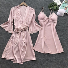 Load image into Gallery viewer, Sexy Lace Silk Women Robe &amp; Gown Sets 2 Pieces Sleep Set Summer Satin Kimono Lingerie Nightwear Female Sleepwear Robe Suit