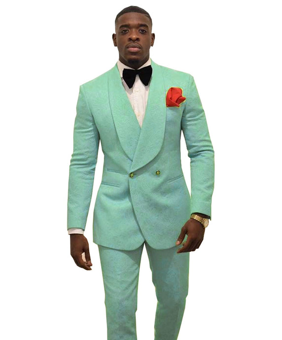 Fashion Mint Green Men's Patterned Suit Slim Fit 2 Pieces Double-breasted Groomsmen Tuxedos Blazers For Wedding(Blazer+Pants)