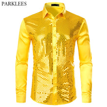 Load image into Gallery viewer, Men&#39;s Luxury Sequin Dress Shirts Long Sleeve Silk Satin Shiny Disco Party Shirt