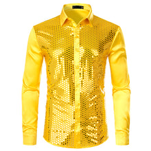 Load image into Gallery viewer, Men&#39;s Luxury Sequin Dress Shirts Long Sleeve Silk Satin Shiny Disco Party Shirt