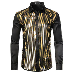 Men's Luxury Sequin Dress Shirts Long Sleeve Silk Satin Shiny Disco Party Shirt