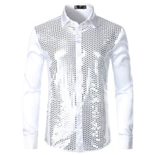 Load image into Gallery viewer, Men&#39;s Luxury Sequin Dress Shirts Long Sleeve Silk Satin Shiny Disco Party Shirt