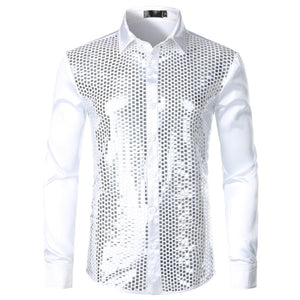 Men's Luxury Sequin Dress Shirts Long Sleeve Silk Satin Shiny Disco Party Shirt