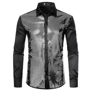 Men's Luxury Sequin Dress Shirts Long Sleeve Silk Satin Shiny Disco Party Shirt