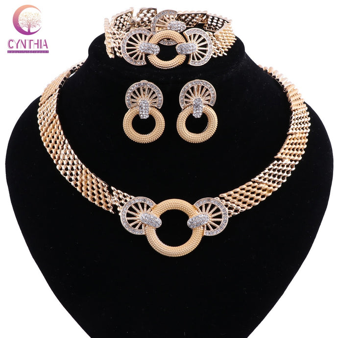 African Jewelry Sets Gold Color Flower Shape Crystal Necklace Earrings Sets Fashion Wedding Elegant Costume Jewelry Set
