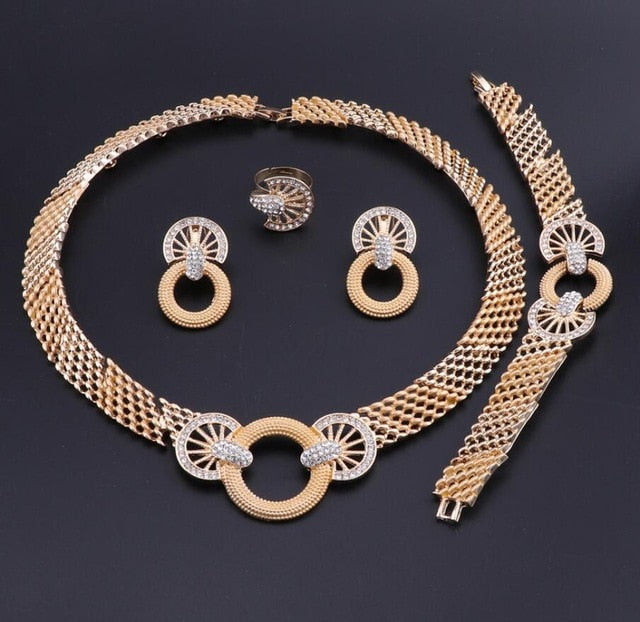 African Jewelry Sets Gold Color Flower Shape Crystal Necklace Earrings Sets Fashion Wedding Elegant Costume Jewelry Set