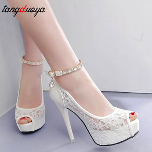 Lace Wedding Shoes Woman Peep Toe High Heels Women Shoes Platform Heels